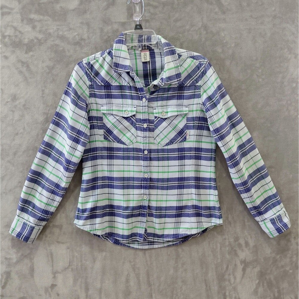 STIO Mountain Flannel Plaid Shirt Women's Medium Blue White Green Western Hiking